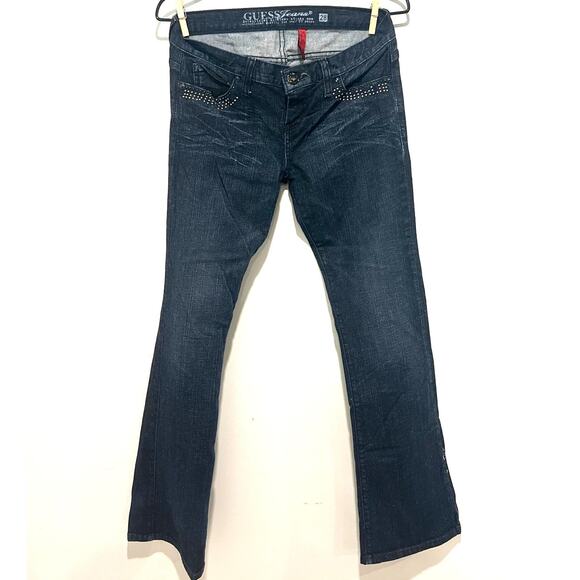 Vintage Y2K Low Rise Guess Jeans Bling Flare Dark Wash Studded Womans Size 28 - Picture 1 of 10